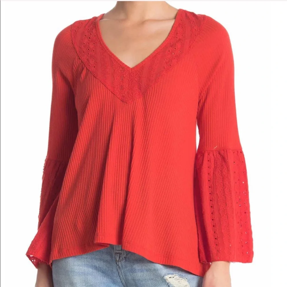 Free People Red Bell Sleeve V-neck Boho Top women’s Small NWT